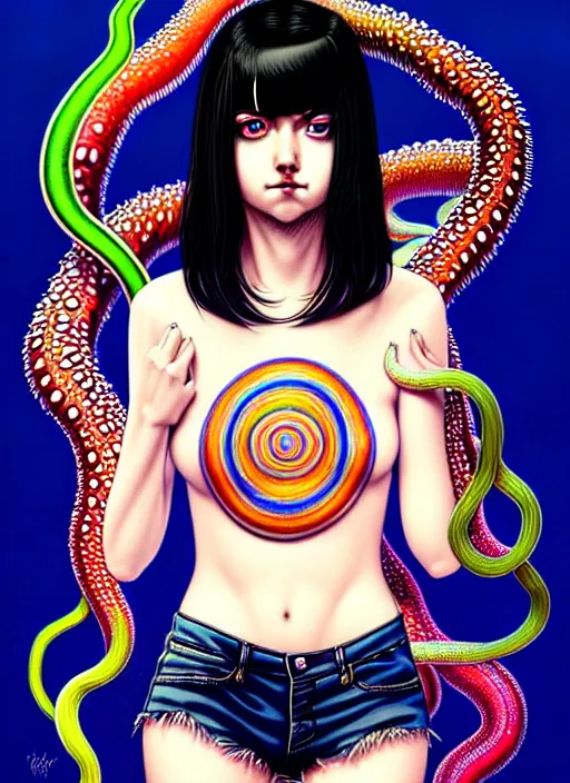 Image similar to richly detailed colored pencil 3D illustration of a beautiful woman with silky straight black hair with iridescence wearing a Nirvana band Tshirt and short black shorts, she staring at the camera happily while being wrapped by slimy wet tentacles, art by Range Murata and Artgerm.