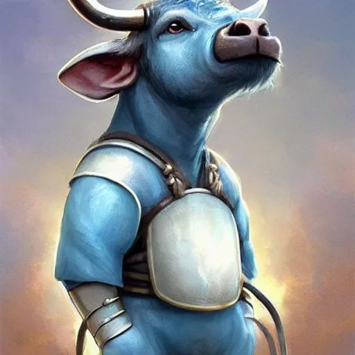 Prompt: cute little anthropomorphic water buffalo rebuilder wearing terrazzo cord, tiny, small, miniature animal, baby animal, short, pale blue armor, cute and adorable, pretty, beautiful, DnD character art portrait, matte fantasy painting, DeviantArt Artstation, by Jason Felix by Steve Argyle by Tyler Jacobson by Peter Mohrbacher, cinematic lighting