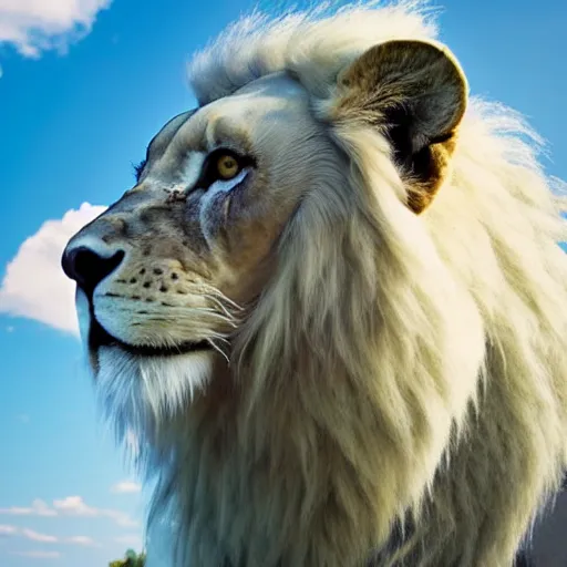 Image similar to ethernal giant white lion with angelic white mane and bright glowing mint eyes blending into white clouds in a heavenly blue sky