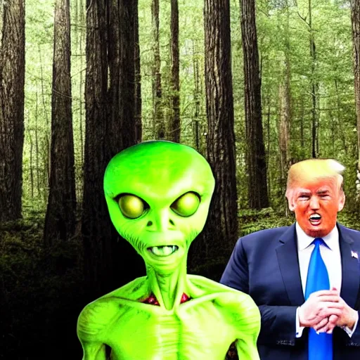 Prompt: A photo of donald trump with an alien in the woods