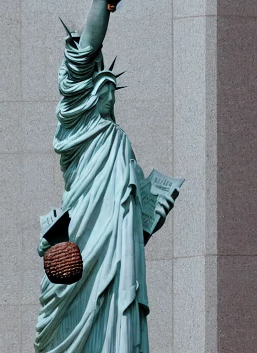 Prompt: A marble statue of a squirrel as a statue of liberty, holding an acorn in it's hand, museum photo