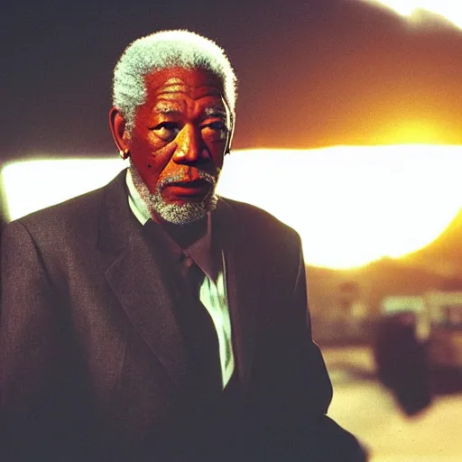 Image similar to a film still of Morgan Freeman as Hitman (2007), favela, sunset