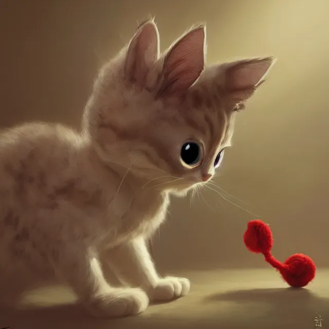 Image similar to a painting of a cute light beige kitten with dark brown ears and face and legs and tail and white paws playing with a red yarn ball. big eyes. character design by cory loftis, fenghua zhong, ryohei hase, ismail inceoglu and ruan jia. volumetric light, detailed, rendered in octane