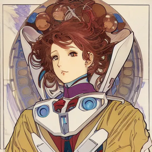 Image similar to anime manga mecha gundam robot portrait by Alphonse Mucha art nuevou