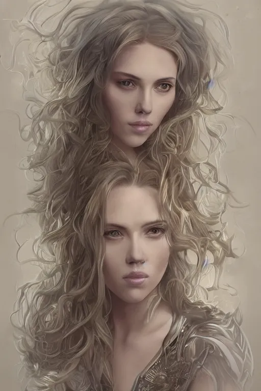 Image similar to portrait of scarlett johansson, long hair, fantasy, elegant, intricate, full frontal shot, highly detailed, digital painting, artstation, concept art, sharp focus, illustration, art by artgerm and greg rutkowski and alphonse mucha