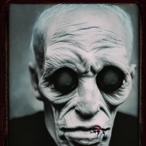 Prompt: portrait of the exiled god, polaroid photo, cosmic horror, photo realistic, lovecraft, flesh, nightmare, demon, old man, no eyes, hate, monster