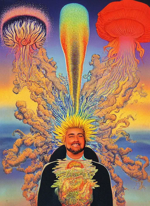 Image similar to 8 0 s new age album cover depicting a nuclear mushroom cloud in the shape of guy fieri, very peaceful mood, oil on canvas by ernst haeckel, by wayne thiebaud, cinestill with red halation