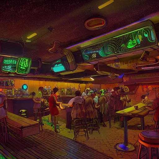 Image similar to interior of a busy dive bar on an alien planet, cinematic, epic sci-fi art