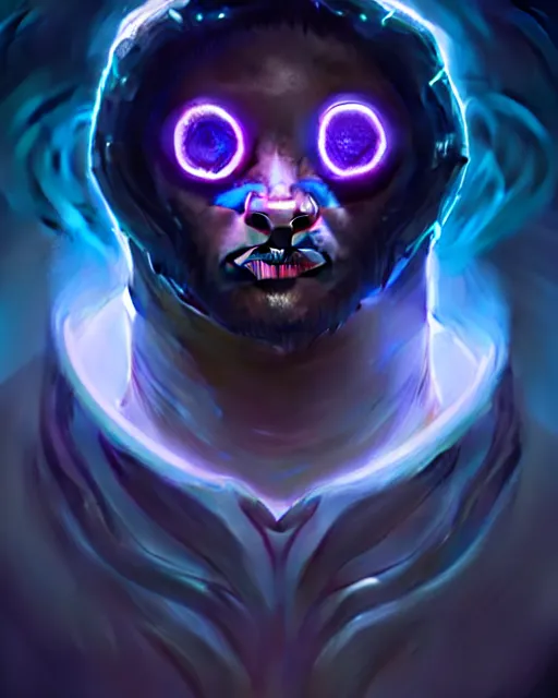 Prompt: asymmetrical portrait of a cute bioluminescent male monster with big glowing eyes, concept art, expressive, highly detailed, digital painting, cinematic lighting, hyperrealism, dark retrowave, art by stanley lau and artgerm and magali villeneuve and alphonse mucha, artstation, octane render, cgsociety