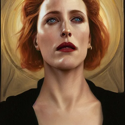 Image similar to portrait of Gillian Anderson as a lady vampire, 35mm, depth of field, DOF, ominous, sharp, highly detailed, photorealistic, realistic, unreal 5, high, definition, 8k, artstation, donato giancola, irwin penn, Alphonse Mucha