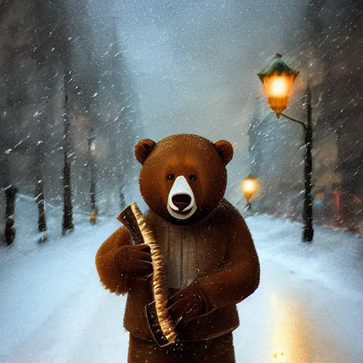 Prompt: smiling brown bear holding triangular balalaika (triangular chordophone, triangular Domra) in hat in winter at streets of Moscow, sharp focus, fantasy style, octane render, volumetric lighting, 8k high definition, by greg rutkowski, highly detailed, trending on art Station