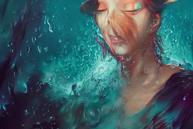 Image similar to a portrait of witch melting in water, rainy background, bright art masterpiece artstation. 8 k, sharp high quality artwork in style of jose daniel cabrera pena, concept art by tooth wu, fanart