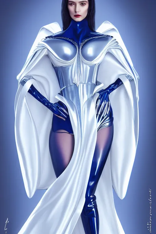 Image similar to detailed beautiful noun in opened white gold blue coat, seductive confident pose, attractive feminine curves, intricate details, futuristic, alien, elegant cape, elegant, photorealism, trending on artstation, sharp, holy halo, advanced technology, art by moebius and vitaly bulgarov and chanthara