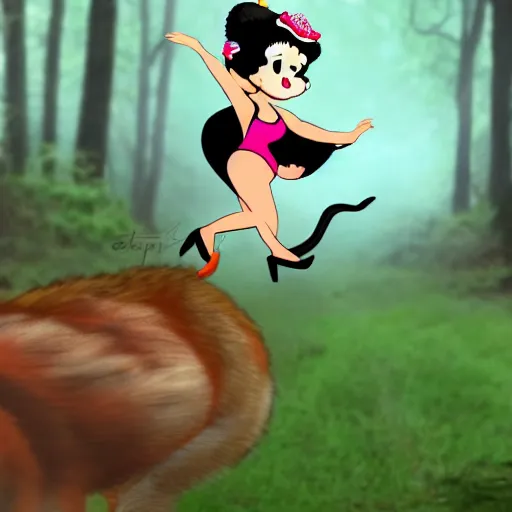 Image similar to betty boop riding a fox in the woods, high definition