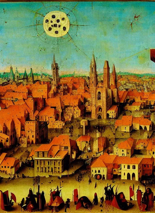 Prompt: red city on fire, Medieval painting by Jan van Eyck, Hieronymus Bosch, Florence