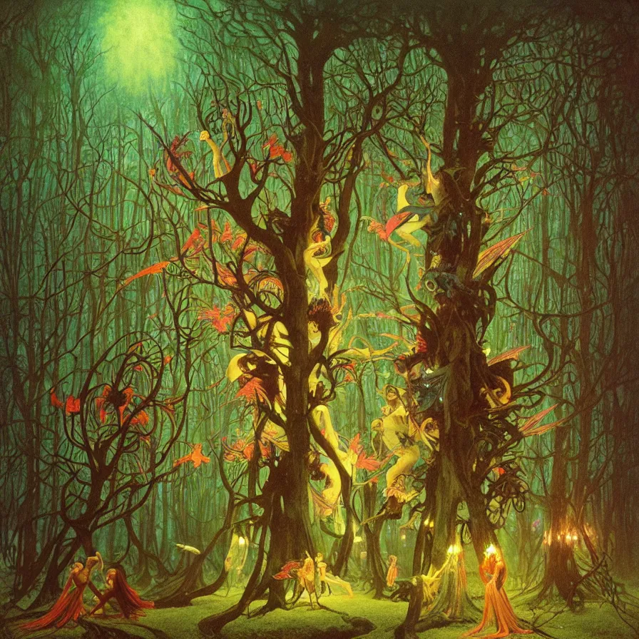 Prompt: a night carnival fairies around a magical tree, christmas lights, creatures and fantastic people disguised as fantastic creatures in a magical forest by summer night, masterpieceunderwater scene, painted by zdzislaw beksinski, alphonse mucha and rene laloux, volumetric lightning