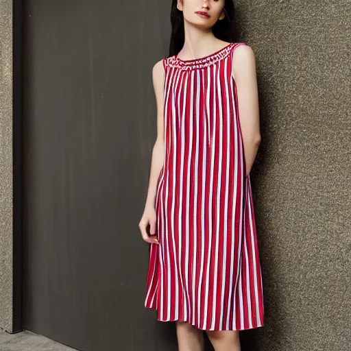 Prompt: silk dress, red stripes, black half moon pattern