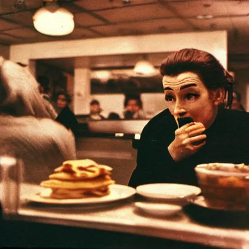 Image similar to A photo of the Grim Reaper enjoying pancakes in a 1950s diner, award-winning photography, by Saul Leiter