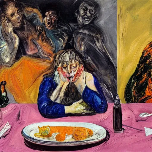 Prompt: high quality high detail expressionist painting of a woman eating in agony by lucian freud and jenny saville and francis bacon and francisco goya and edvard munch, hd, anxiety, seated at table crying and screaming, turquoise and purple and orange and pink