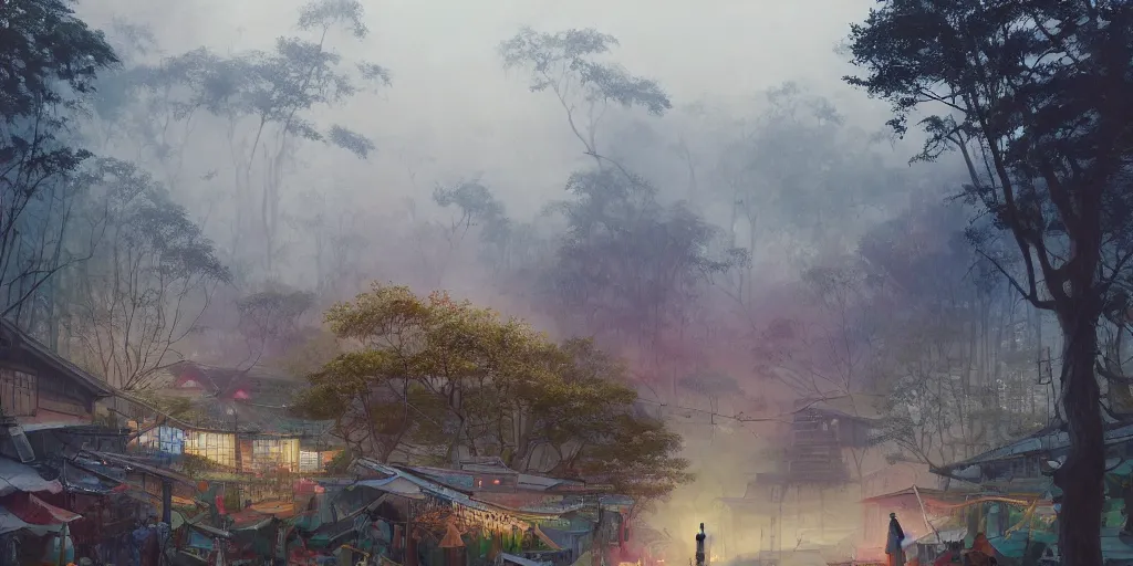 Prompt: a painting of a market in Japan, forest in the background, sea in the foreground, Painting by Walter Gilbert, painting by Marc simonetti, painting by Alex Grey, painting by Steve barns, painting by David alabo, painting by Peter Mohrbacher, first person view, mist, posthuman, urban city style, epic composition, luminous lines, luminous posters on the walls, atmospheric, soft Cinematic light, post-processing, hyperdetailed,, realism, realistic, detailed, high resolution, 8K, Octane Render