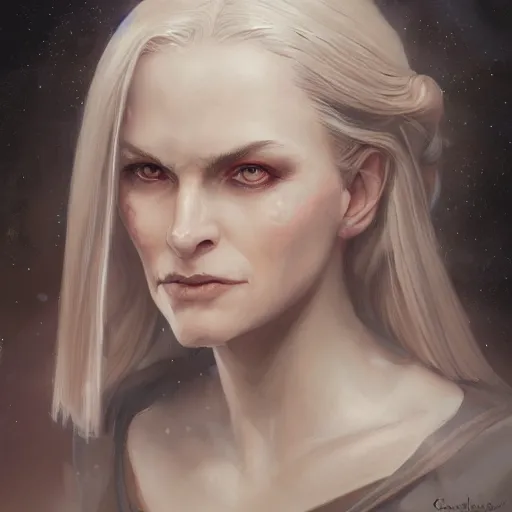 Image similar to a detailed matte head - on portrait painting of an middle - aged half - tiefling noblewoman with golden eyes and short well kept hair, by charlie bowater, lise deharme, wlop, tending on arstation, dungeons and dragon, dnd, pathfinder, fanart, oil on canvas