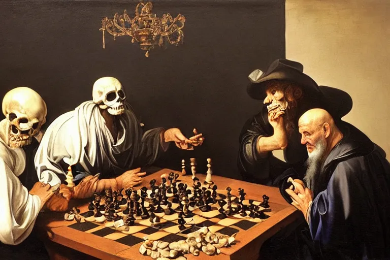 Prompt: baroque portait painting of the skull face grim reaper and an old man playing chess in a tavern, by caravaggio and rembrandt and artemisia gentileschi, masterpiece, high resolution, very detailed, oil on canvas, trending on artstation
