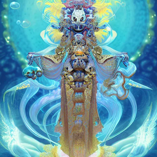 Image similar to 3 d goddess frontal view full body, astral projection, with ram golden skull. beautiful intricately detailed japanese fractal kitsune mask and clasical japanese kimono. betta fish, jellyfish fractal, bio luminescent, plasma, ice, water, wind, creature, mandelbulb, fractal, artwork by tooth wu and wlop and beeple and greg rutkowski