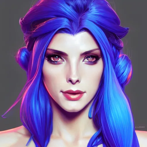 Image similar to Ashley Greene with blue hair as Jinx from League of Legends, western, D&D, fantasy, intricate, elegant, highly detailed, digital painting, artstation, concept art, matte, sharp focus, illustration, art by Artgerm and Greg Rutkowski and Alphonse Mucha