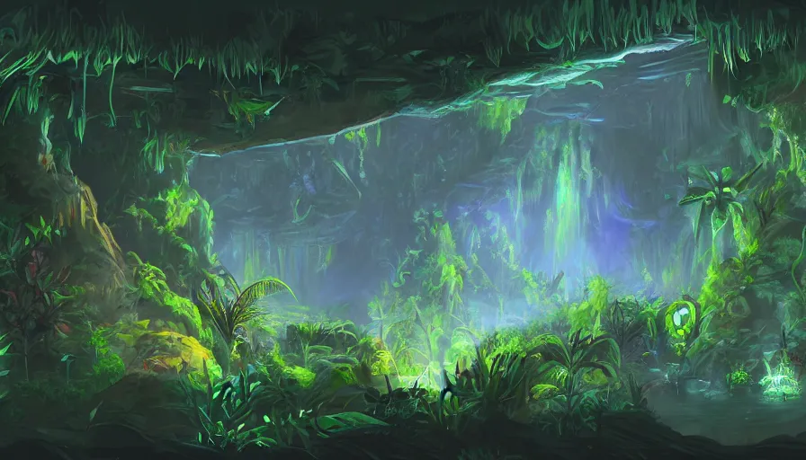 Prompt: concept art sketch of underground jungle cave with luminescent plants