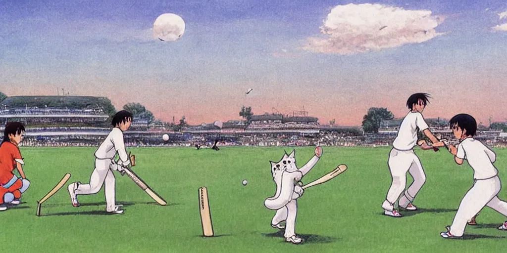 Image similar to cats playing cricket in a cricket ground, art by Hayao Miyazaki