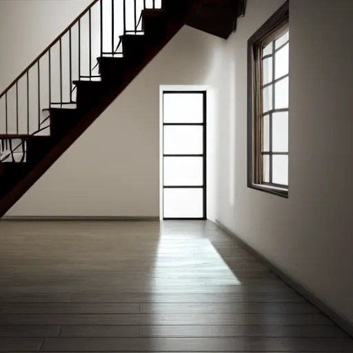 Image similar to scary monster with elongated arms descending a staircase in a home, natural lighting, realistic