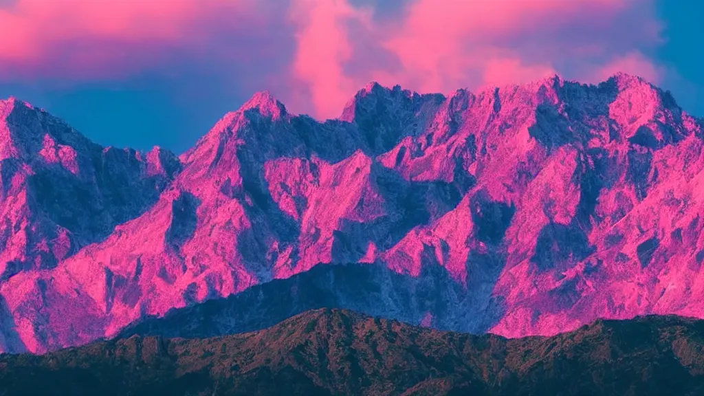 Image similar to Beautiful lush mountains under the pink clouds backlit by the sun