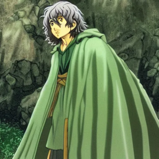 Image similar to peregrin took from the anime lord of the rings (1986), dark hair, green cape, hobbit, studio ghibli, very detailed, realistic