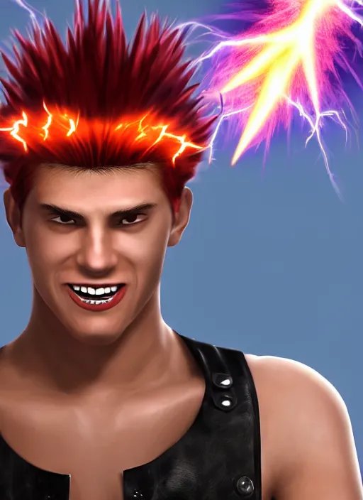 Image similar to photorealistic young man with red spiked long hair, using orange googles. Wearing black waistcoat, white shirt. He is with a vicious smile in face. dynamic lightning.