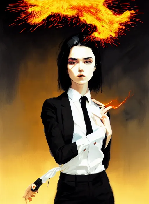 Prompt: a ultradetailed beautiful panting of a stylish woman wearing a shirt with a tie, she has black hair, bored, background firey explosion and riots, by ashley wood, ilya kuvshinov, greg rutkowski on artstation