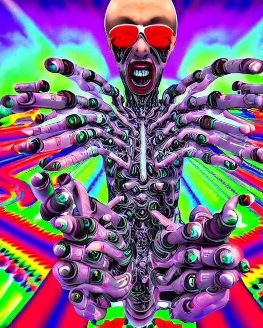 Image similar to psychedelic trip of a cyborg who's escaping death, trippy, lots of hands, 8k, ultra realistic