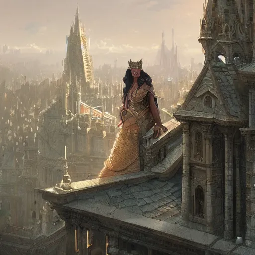 Prompt: a wizened queen looks down on her city from the palace balcony, fantasy art by greg rutkowski