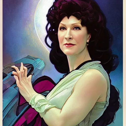 Prompt: a painting of majel barrett as lwaxana troi, beautiful art by artgerm and greg rutkowski and alphonse mucha