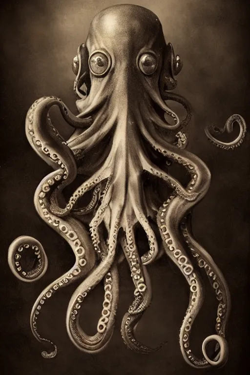 Image similar to wet plate photograph portrait of a victorian - era anthropomorphic octopus dressed in a victorian - era clothing, dramatic lighting, highly detailed, digital painting, artstation, concept art, smooth, sharp focus, illustration, art by wlop, mars ravelo and greg rutkowski