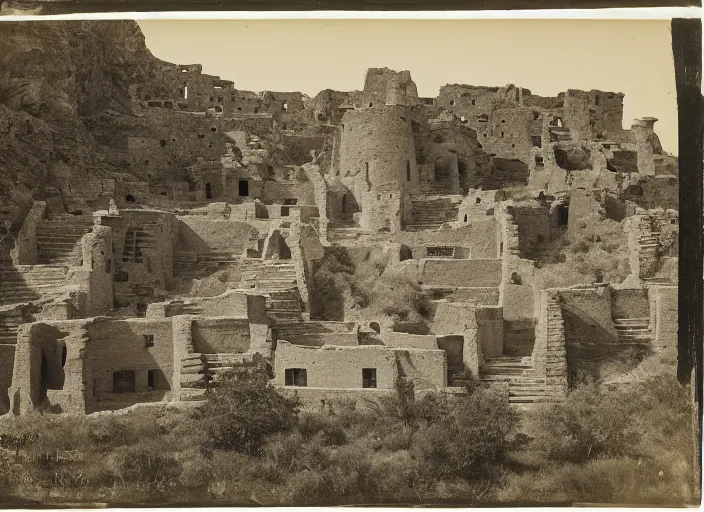 Image similar to Photograph of sprawling cliffside pueblo ruins, showing terraced gardens and narrow stairs in lush desert vegetation in the foreground, albumen silver print, Smithsonian American Art Museum