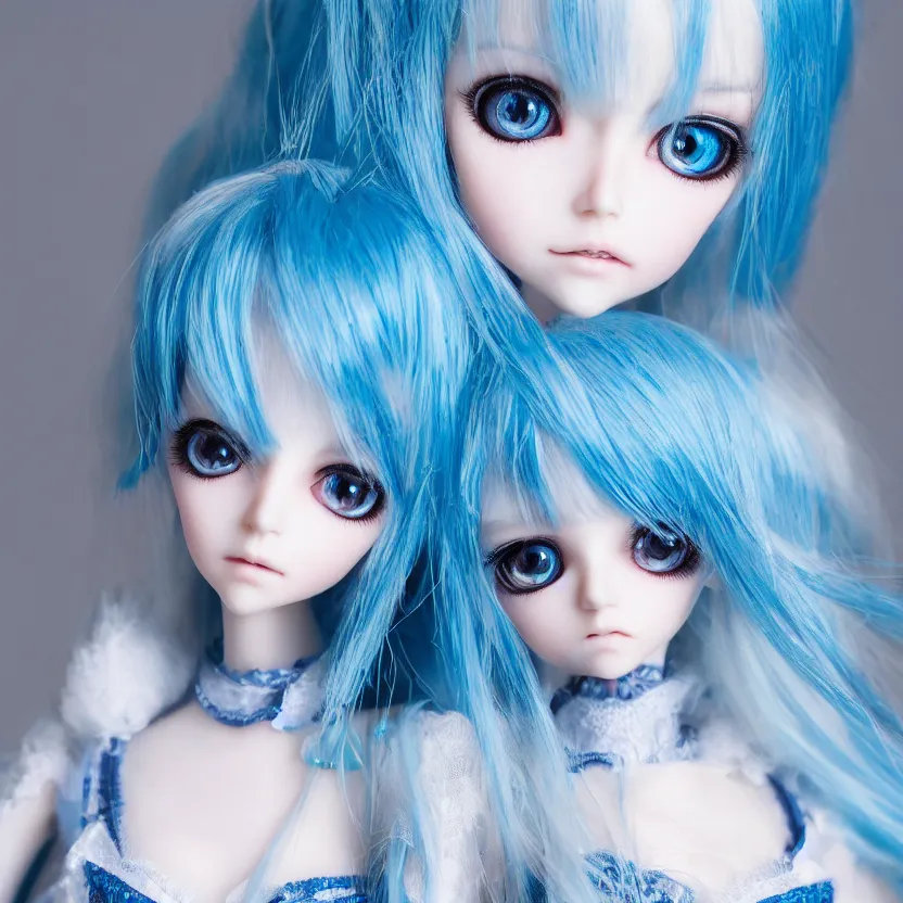 Prompt: dollfie gothic face, profesional studio portrait, blue hair, blue and bright eyes, zoom in, highly detailed