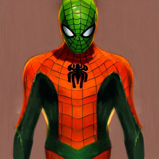 Image similar to an orange and green spiderman by cedric peyravernay