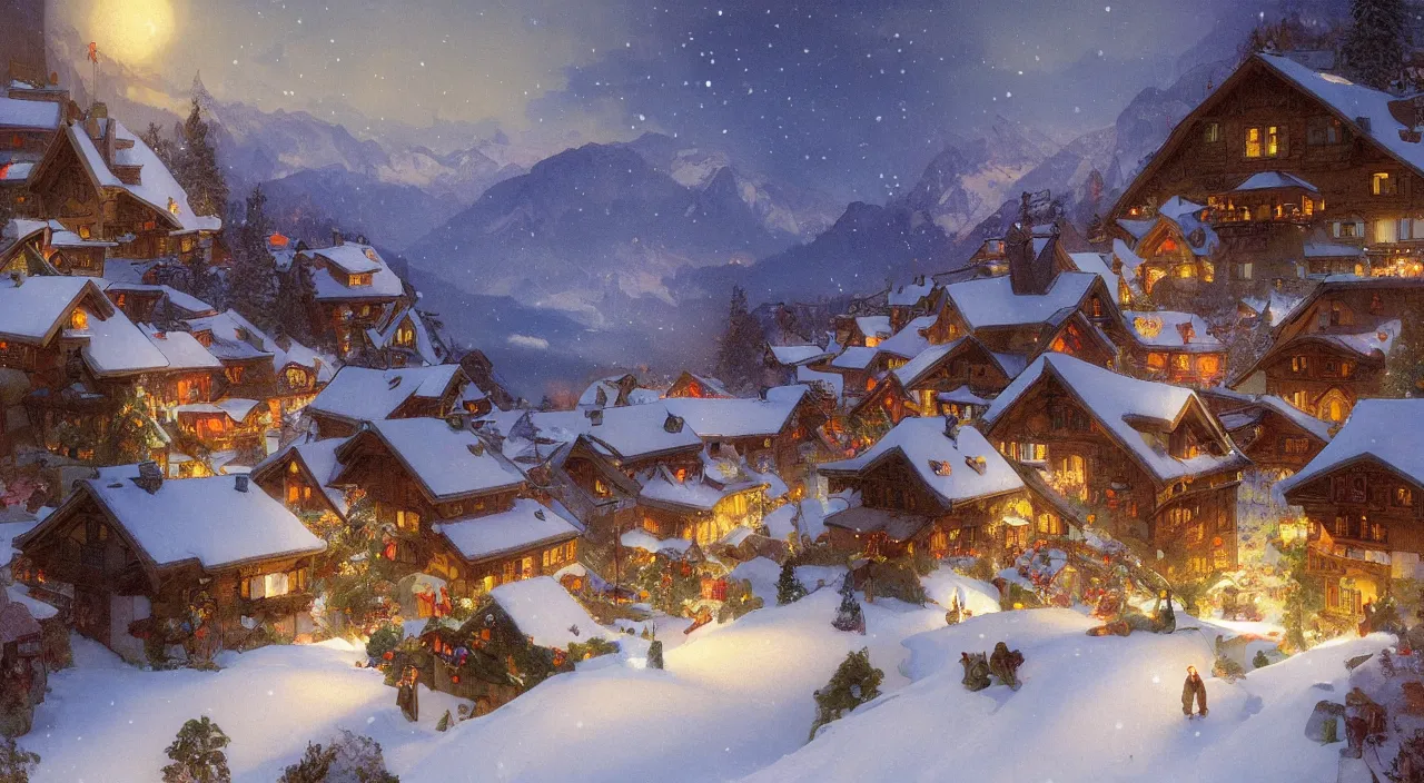 Prompt: A beautiful landscape painting of a small swiss mountain village in the snow at night at Christmas by Alfons Maria Mucha and Julie Dillon and Makoto Shinkai