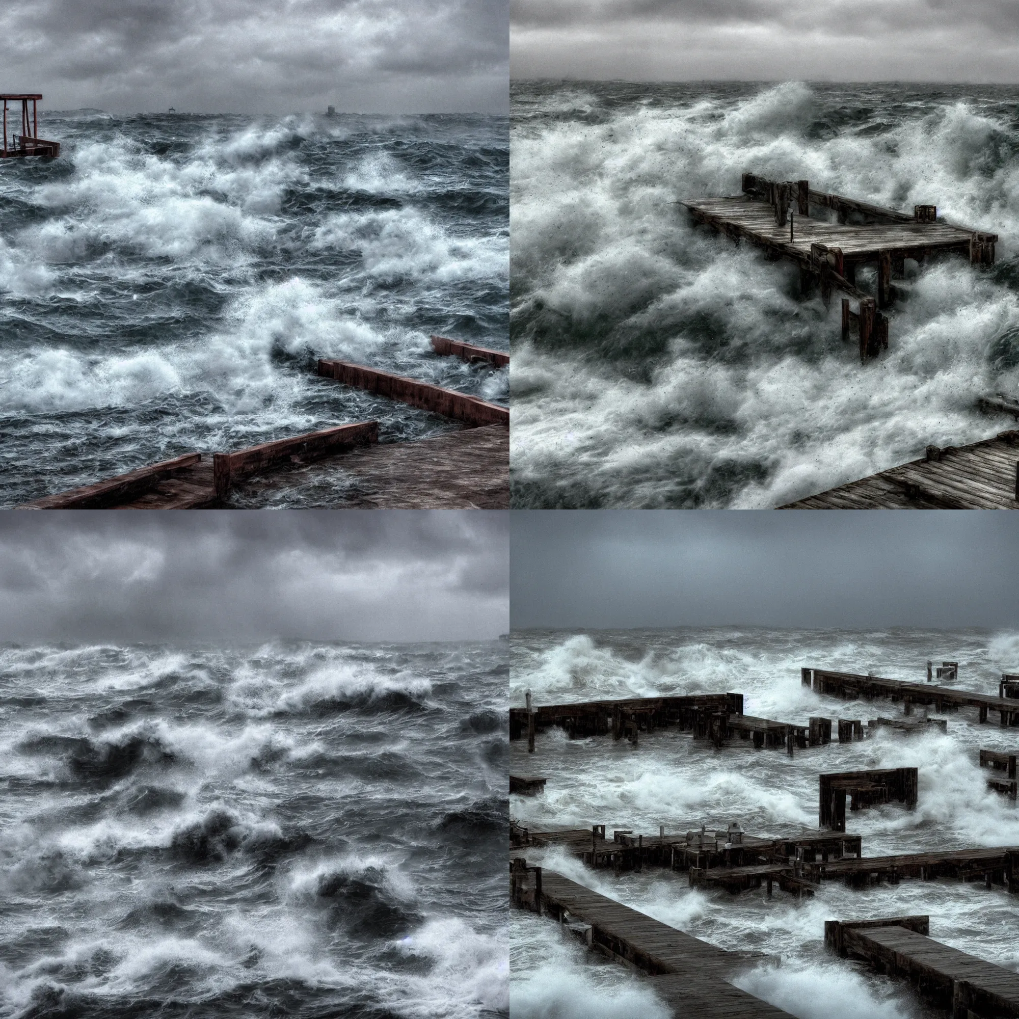 Prompt: dock of a harbor with rough seas and rain, scarry, High definition, detailed,