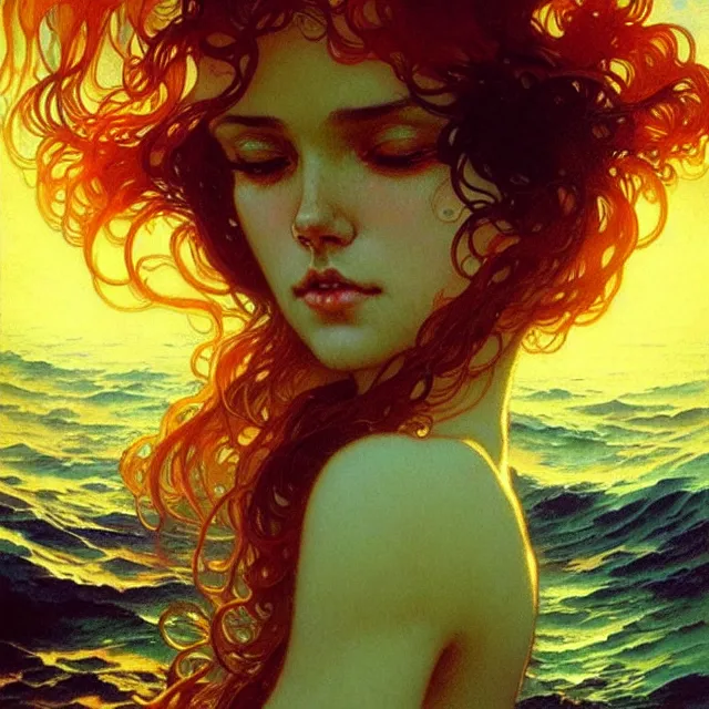 Image similar to ocean waves of glossy liquid psychedelic honey drops flowing like translucent amber, lsd waves, lsd ripples, backlit, sunset, refracted lighting, art by collier, albert aublet, krenz cushart, artem demura, alphonse mucha