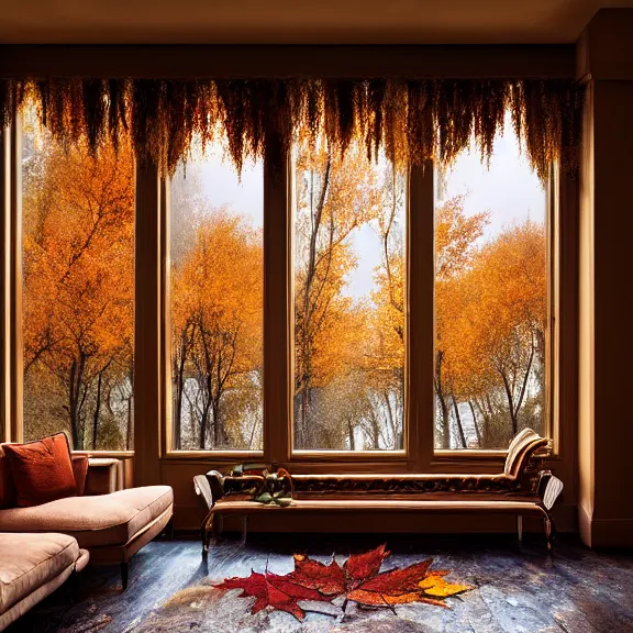 Image similar to fantastical living room with autumn chicago landscape in the window by marc adamus, beautiful dramatic lighting, overgrown with funghi, coat rack with coat hanging off, style by peter deligdisch, peterdraws