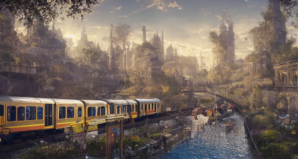 Image similar to An urban train rides inside of a waterway on a fantasy city, next to a fountain and a mystical palace,, hyperdetailed, artstation, cgsociety, golden hour 8k