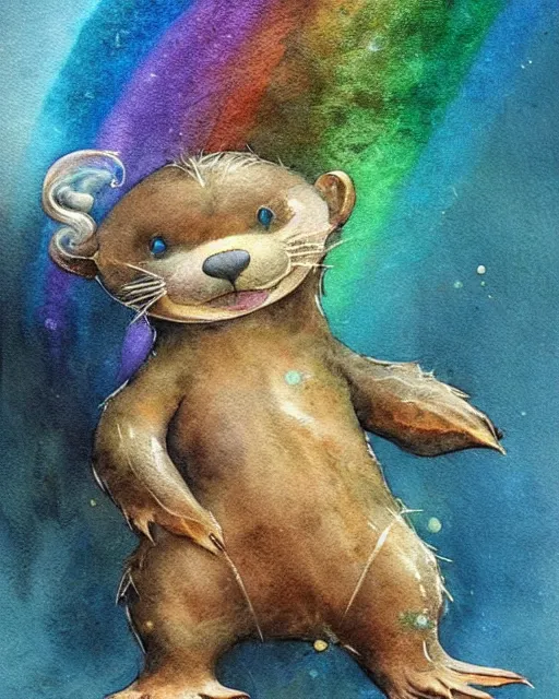 Image similar to detailed magical rainbow otter by jean - baptiste monge and frank frazetta, post processing, painterly, book illustration watercolor granular strong darksplatter dripping paper texture, ink outlines, painterly, trending on artstation, trending on pinterest childrens art