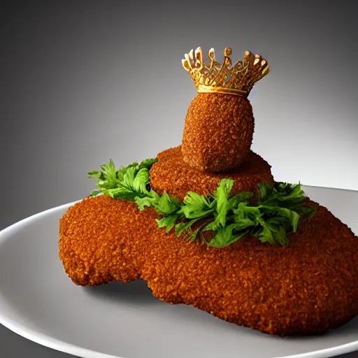 Image similar to standing breaded chicken with a crown of a king in top of it, holding a king staff, hyper realistic, 4k