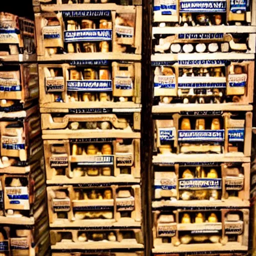 Prompt: stacks of beer crates, infinite beer, high stacks, beer bottles, so much beer